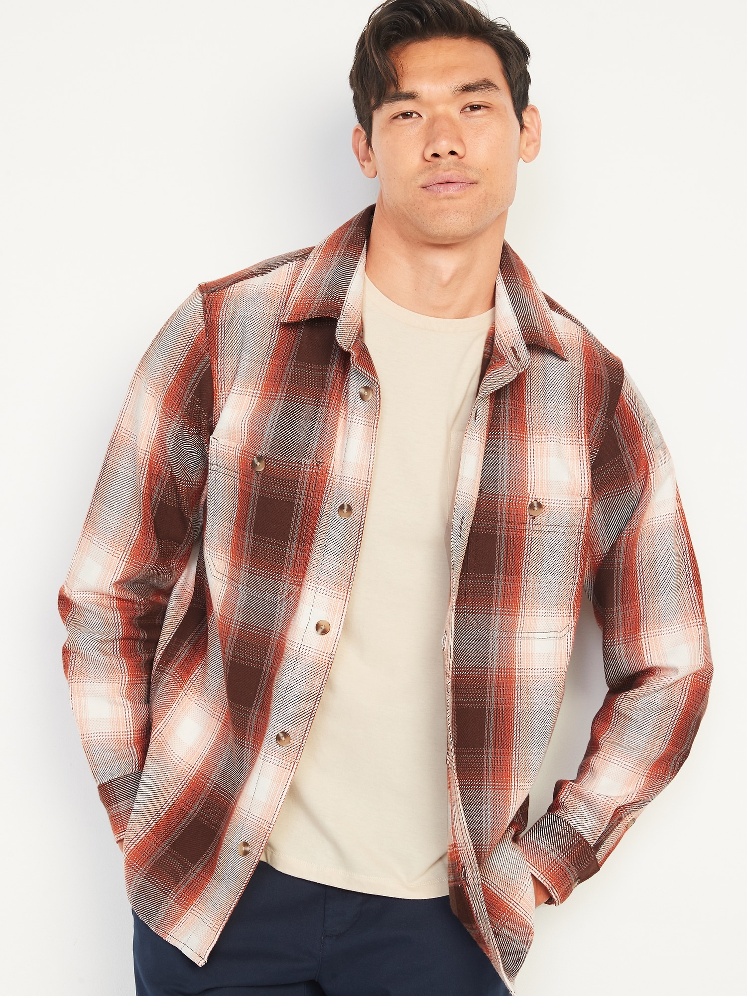 Old Navy Oversized Plaid Twill Shacket for Men red. 1