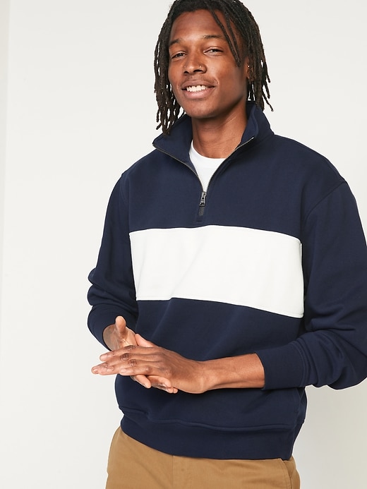Image number 1 showing, Oversized Quarter-Zip Mock-Neck Color-Block Sweatshirt for Men