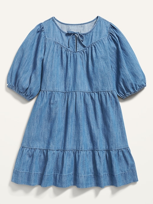View large product image 1 of 2. Puff-Sleeve Tie-Neck Tiered Chambray Swing Dress for Girls