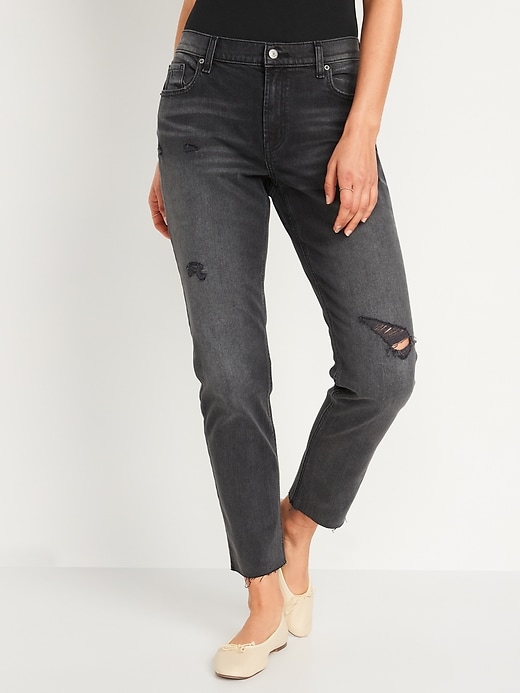 Image number 1 showing, Low-Rise Boyfriend Straight Ripped Black Jeans for Women