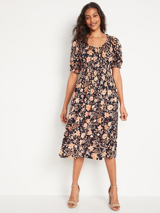 Old Navy Waist-Defined Puff-Sleeve Floral-Print Smocked Midi Dress for Women. 1