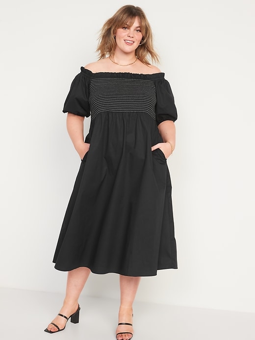 Image number 6 showing, Fit & Flare Off-The-Shoulder Puff-Sleeve Smocked Cotton-Poplin Midi Dress for Women