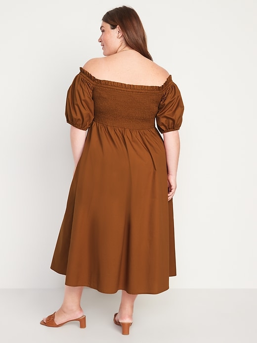 Image number 8 showing, Fit & Flare Off-The-Shoulder Puff-Sleeve Smocked Cotton-Poplin Midi Dress