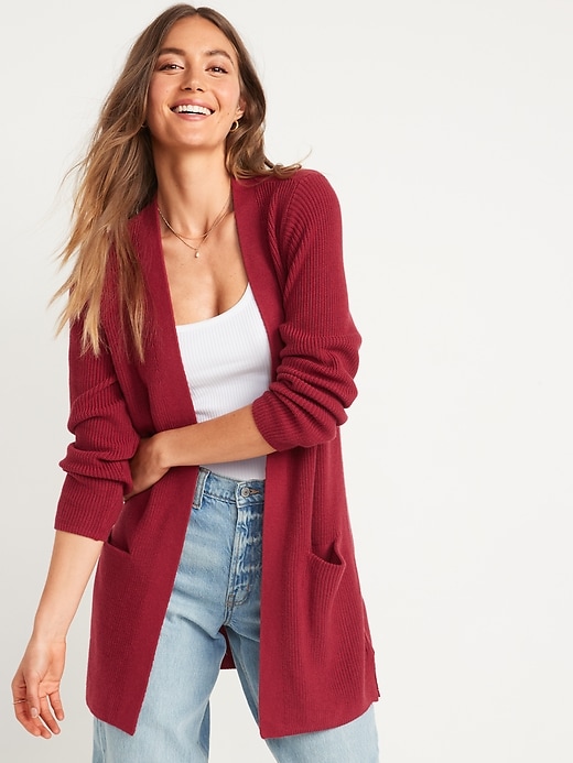 Image number 1 showing, Textured Shaker-Stitch Longline Open-Front Cardigan Sweater for Women