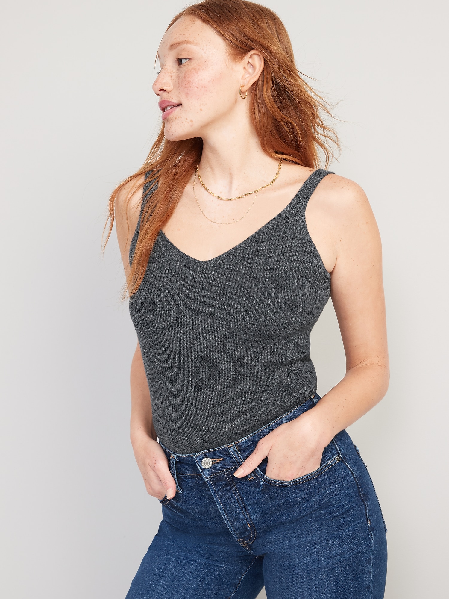 Old Navy V-Neck Rib-Knit Sweater Tank Top for Women gray. 1