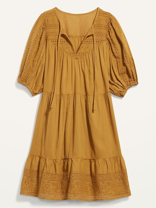 Image number 4 showing, Puff-Sleeve Tiered Embroidered Mini Swing Dress