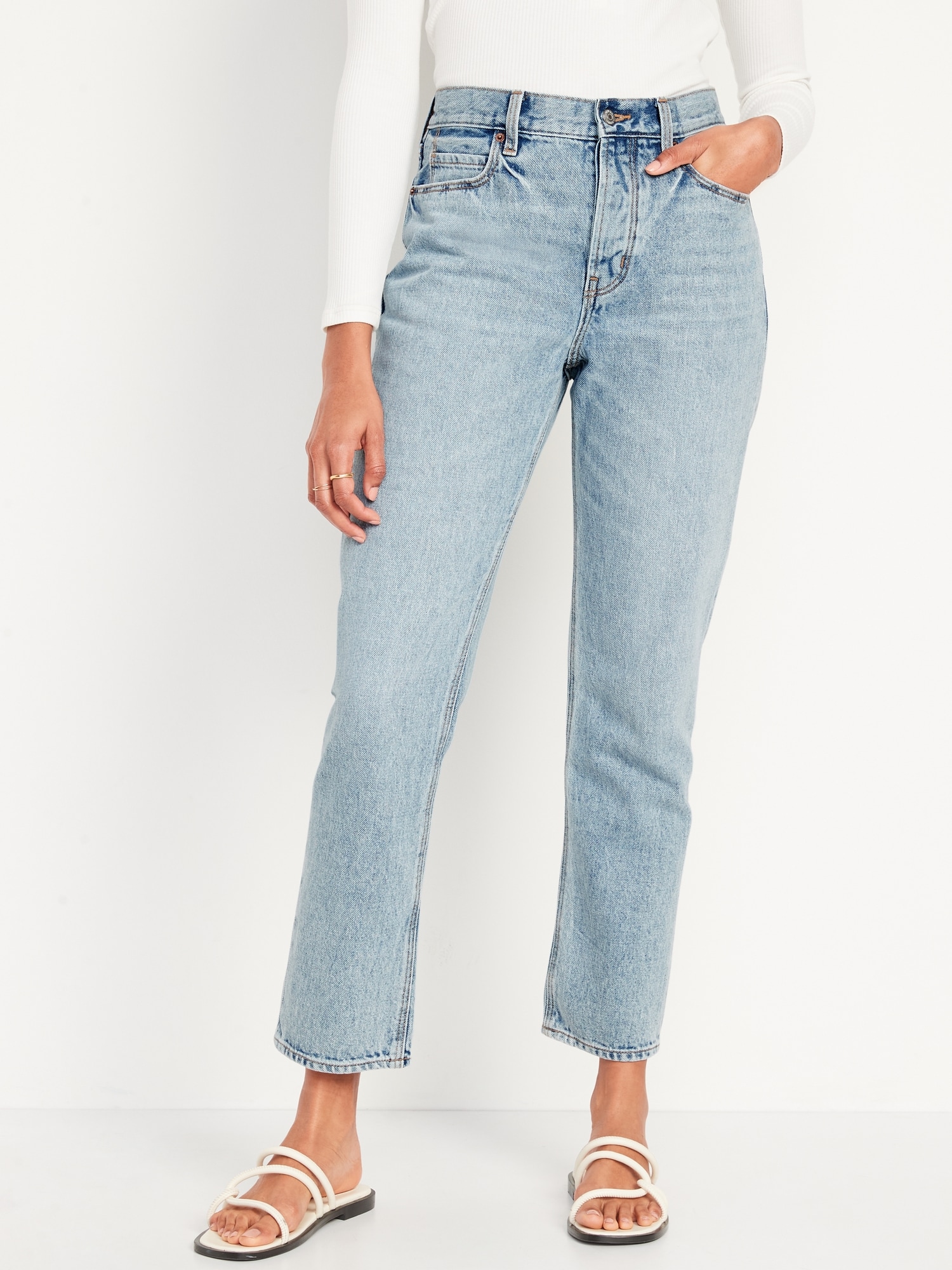 High-Waisted Button-Fly Slouchy Straight Cropped Non-Stretch Jeans for Women