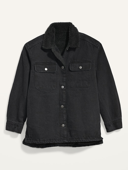 Image number 4 showing, Sherpa-Lined Black-Wash Non-Stretch Jean Utility Shacket or Women