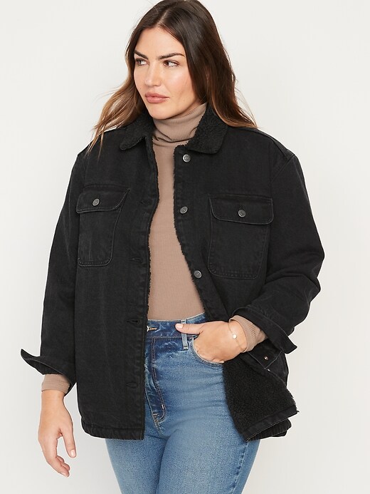 Image number 5 showing, Sherpa-Lined Black-Wash Non-Stretch Jean Utility Shacket or Women