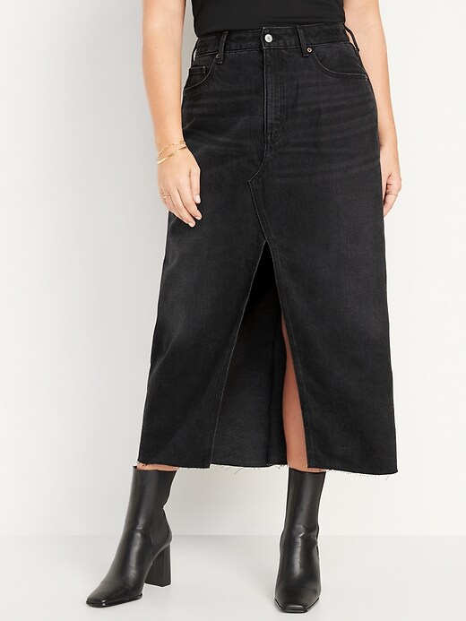 Image number 5 showing, High-Waisted Black-Wash Split-Front Maxi Non-Stretch Jean Skirt for Women