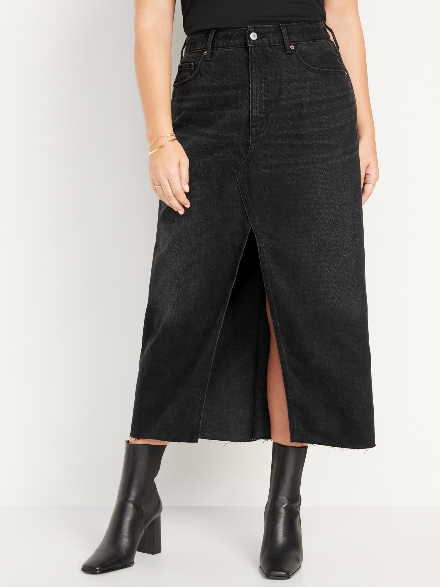 High-Waisted Black-Wash Split-Front Maxi Non-Stretch Jean Skirt | Old Navy