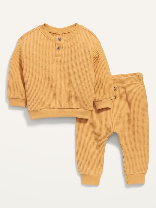 Unisex Thermal-Knit Henley Top and Jogger Pants Set for Baby