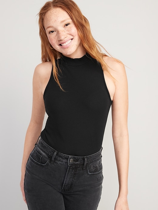 Image number 1 showing, Fitted Rib-Knit Mock-Neck Sleeveless Top