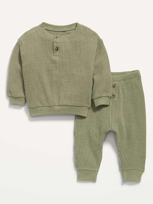 View large product image 1 of 1. Unisex Thermal-Knit Henley Top and Jogger Pants Set for Baby