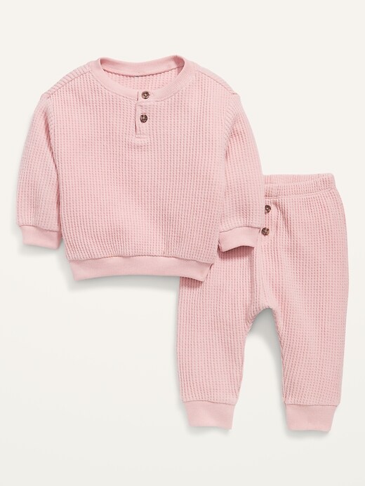 Unisex Thermal-Knit Henley Top and Jogger Pants Set for Baby