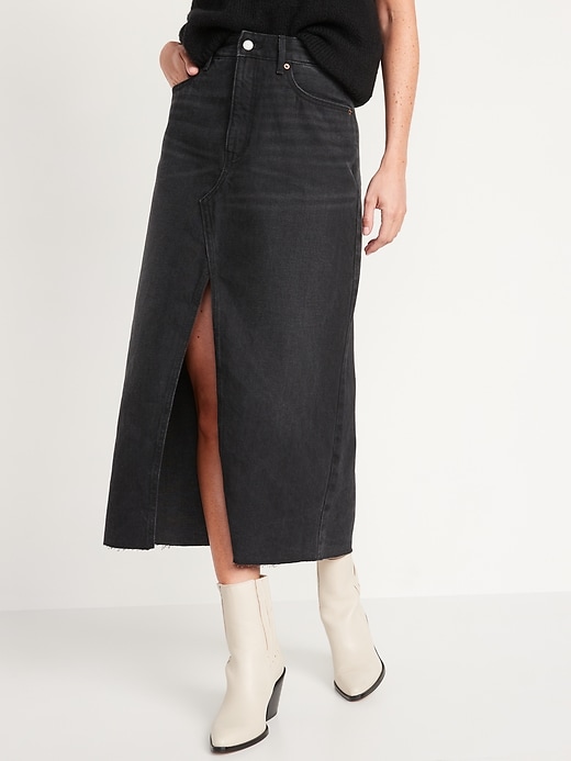 Image number 1 showing, High-Waisted Black-Wash Split-Front Maxi Non-Stretch Jean Skirt for Women