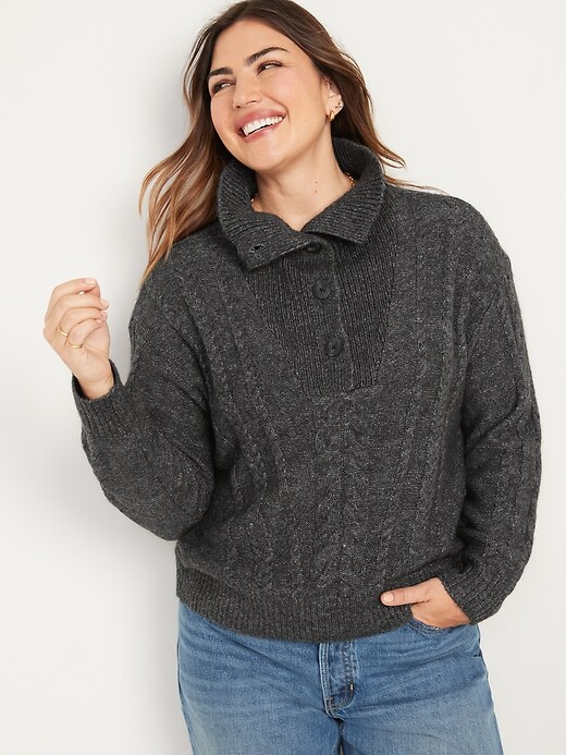 Image number 5 showing, Heathered Button-Front Cable-Knit Sweater for Women