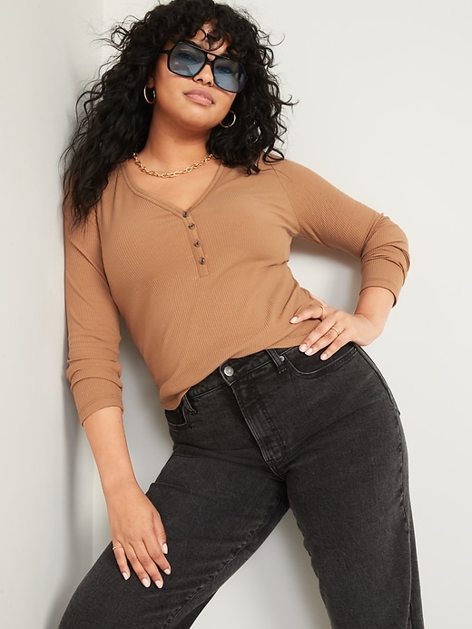 Image number 3 showing, Fitted Long-Sleeve Rib-Knit Henley Top