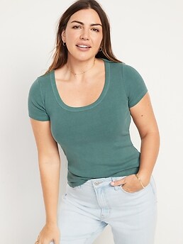 Fitted Short-Sleeve Scoop-Neck Rib-Knit T-Shirt for Women