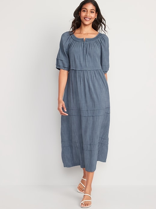 Image number 1 showing, Puff-Sleeve Chambray Smocked Midi Swing Dress