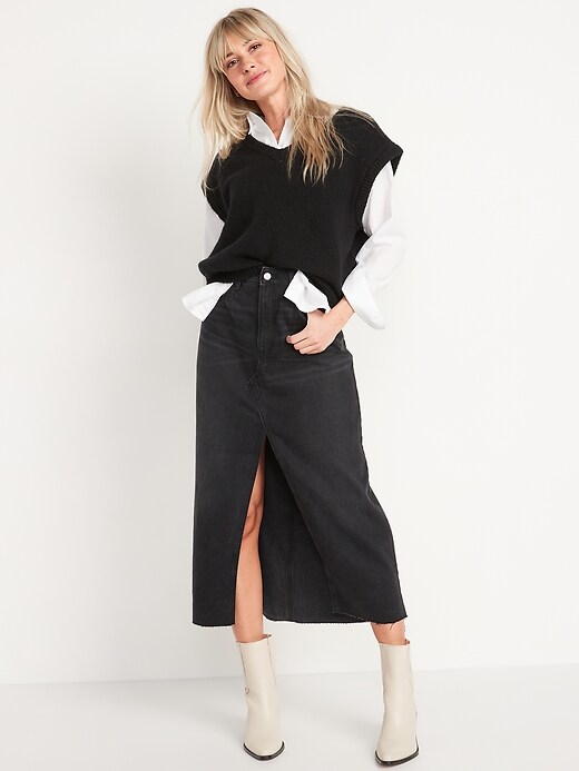 Image number 3 showing, High-Waisted Black-Wash Split-Front Maxi Non-Stretch Jean Skirt for Women