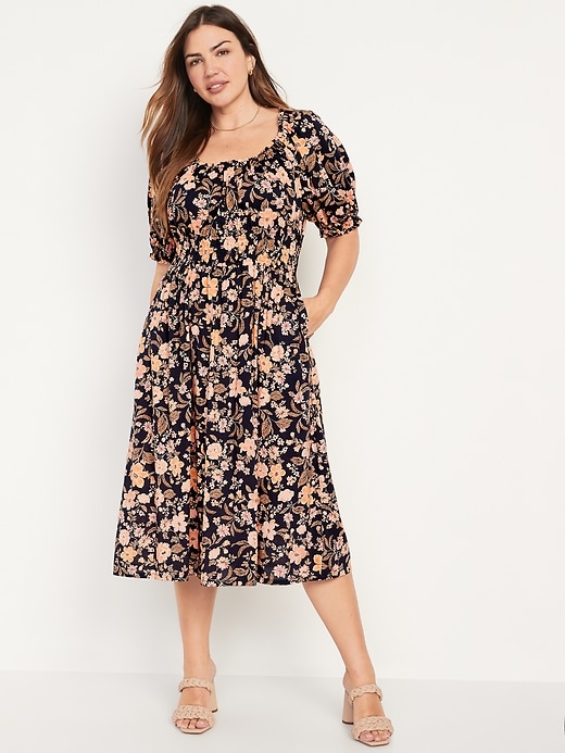 Waist-Defined Puff-Sleeve Floral-Print Smocked Midi Dress | Old Navy