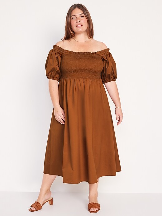 Image number 7 showing, Fit & Flare Off-The-Shoulder Puff-Sleeve Smocked Cotton-Poplin Midi Dress