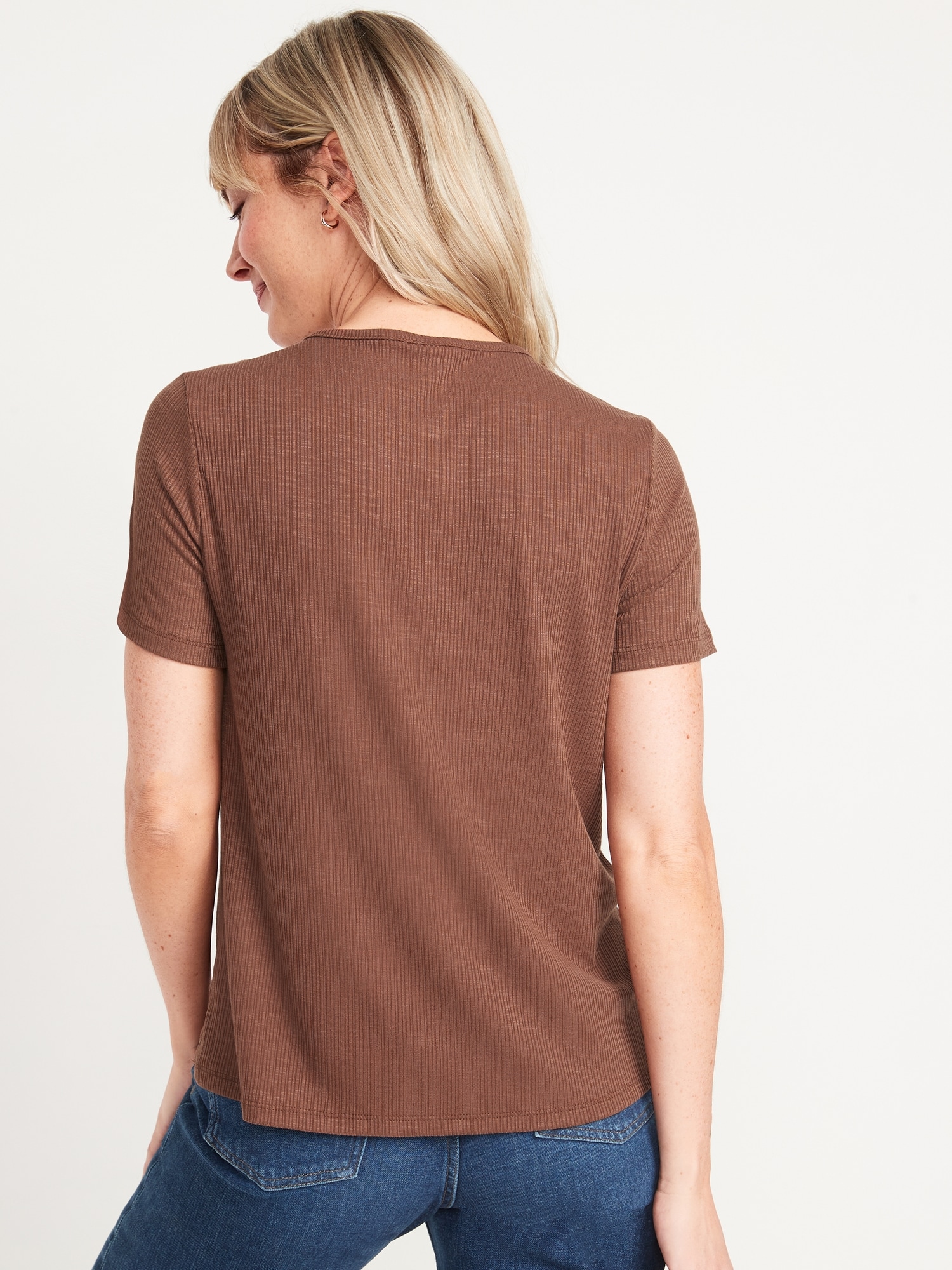 Short-Sleeve Luxe Crew-Neck Rib-Knit T-Shirt for Women