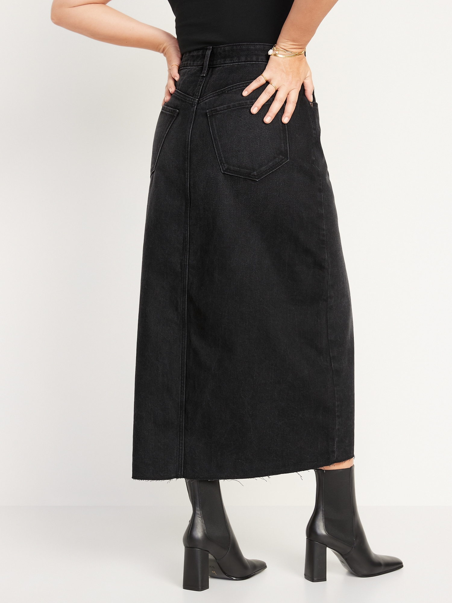 High-Waisted Black-Wash Split-Front Maxi Non-Stretch Jean Skirt | Old Navy