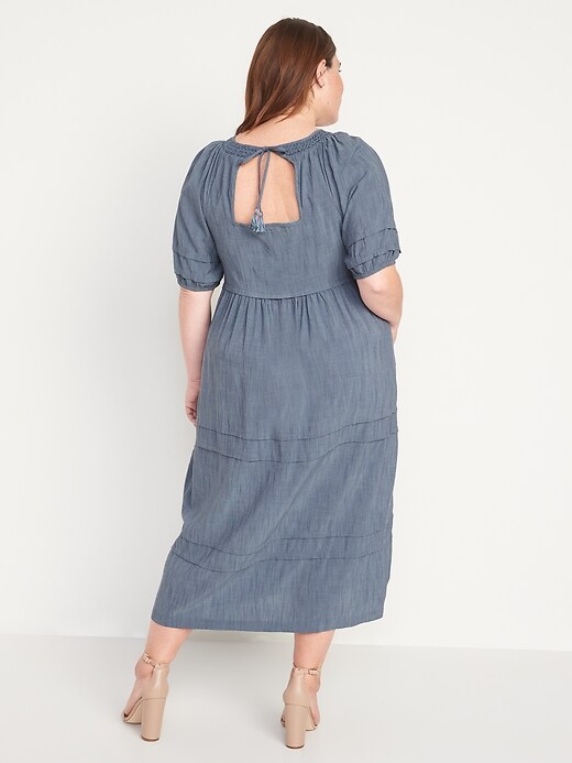 Image number 8 showing, Puff-Sleeve Chambray Smocked Midi Swing Dress