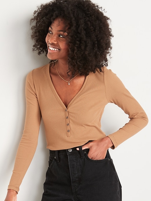 Image number 1 showing, Fitted Long-Sleeve Rib-Knit Henley Top