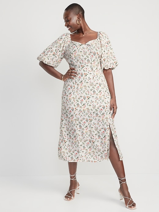 Image number 5 showing, Puff-Sleeve Floral-Print Pintucked Smocked Midi Swing Dress