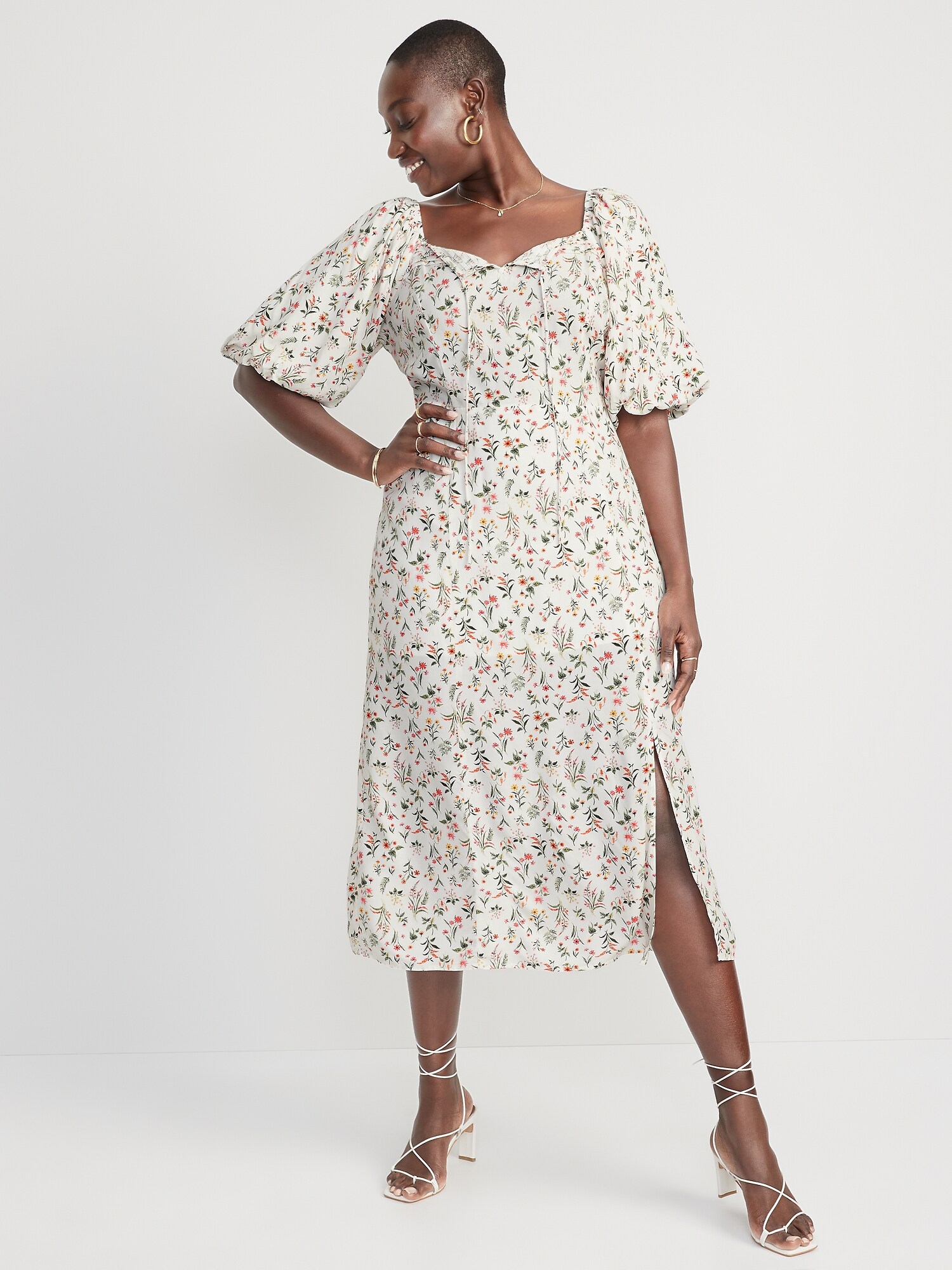 Puff-Sleeve Floral-Print Pintucked Smocked Midi Swing Dress for