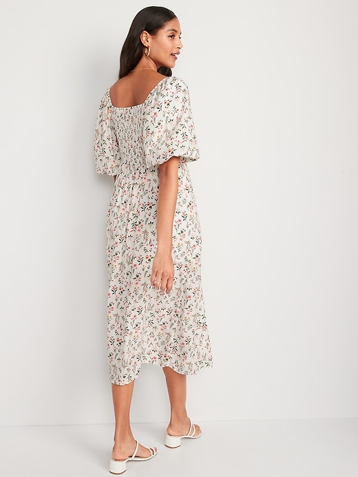 Image number 2 showing, Puff-Sleeve Floral-Print Pintucked Smocked Midi Swing Dress
