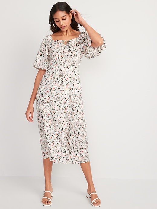 Image number 1 showing, Puff-Sleeve Floral-Print Pintucked Smocked Midi Swing Dress
