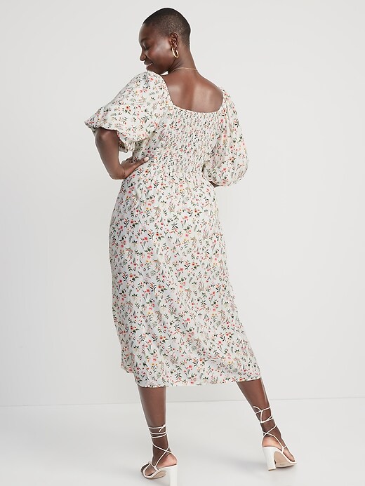 Image number 6 showing, Puff-Sleeve Floral-Print Pintucked Smocked Midi Swing Dress