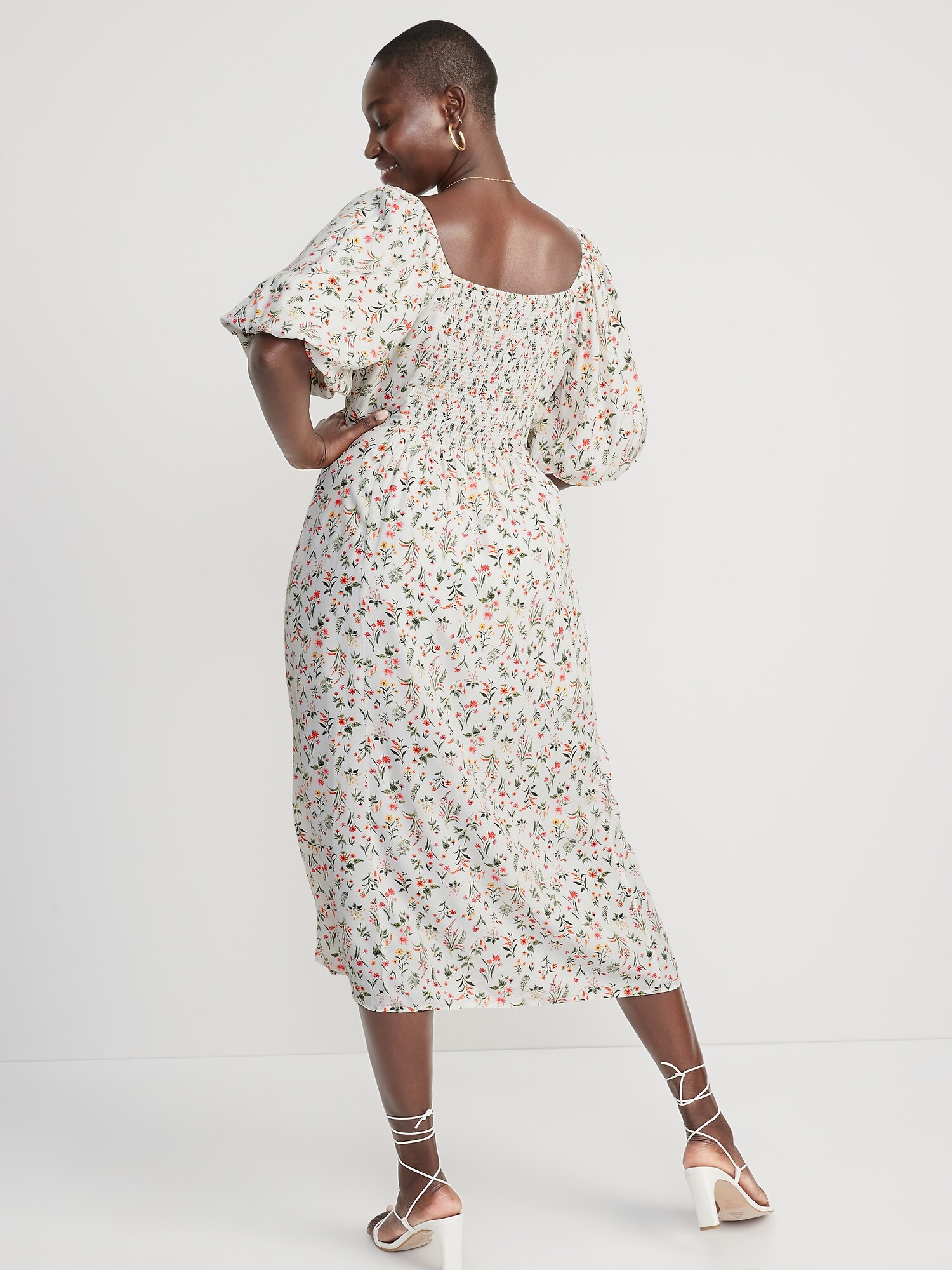 Puff-Sleeve Floral-Print Pintucked Smocked Midi Swing Dress for