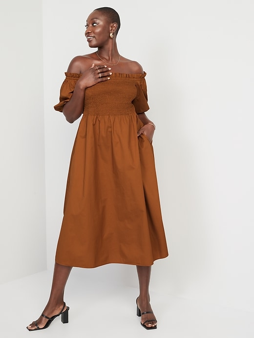 Image number 5 showing, Fit & Flare Off-The-Shoulder Puff-Sleeve Smocked Cotton-Poplin Midi Dress