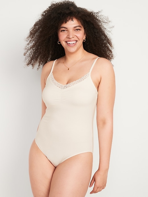 Image number 5 showing, Lace-Trimmed Supima® Cotton-Blend Cheeky Bodysuit for Women