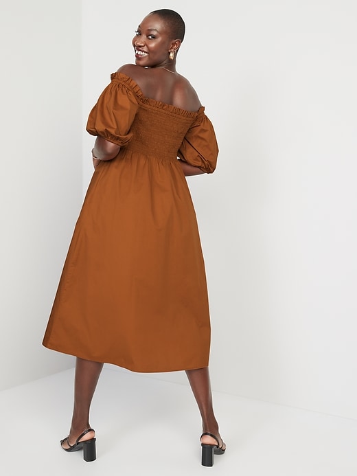 Image number 6 showing, Fit & Flare Off-The-Shoulder Puff-Sleeve Smocked Cotton-Poplin Midi Dress
