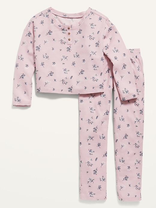 Long-Sleeve Thermal-Knit Henley Pajama Set for Girls