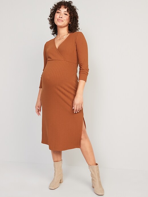 View large product image 1 of 1. Maternity Long-Sleeve Cross-Front Nursing Midi Dress
