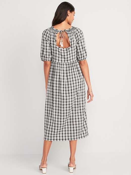 Image number 2 showing, Puff-Sleeve Plaid Smocked Midi Swing Dress for Women