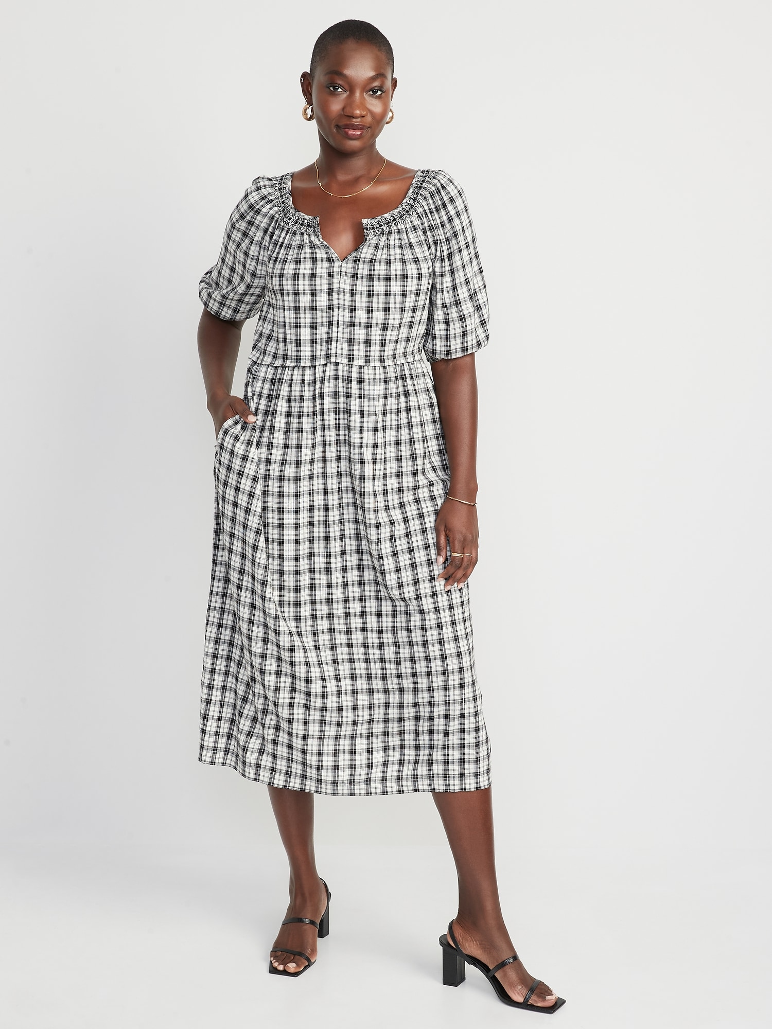 Puff-Sleeve Plaid Smocked Midi Swing Dress for Women | Old Navy