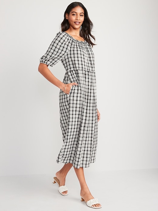 Image number 1 showing, Puff-Sleeve Plaid Smocked Midi Swing Dress for Women