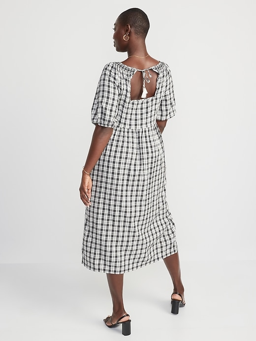Image number 6 showing, Puff-Sleeve Plaid Smocked Midi Swing Dress for Women