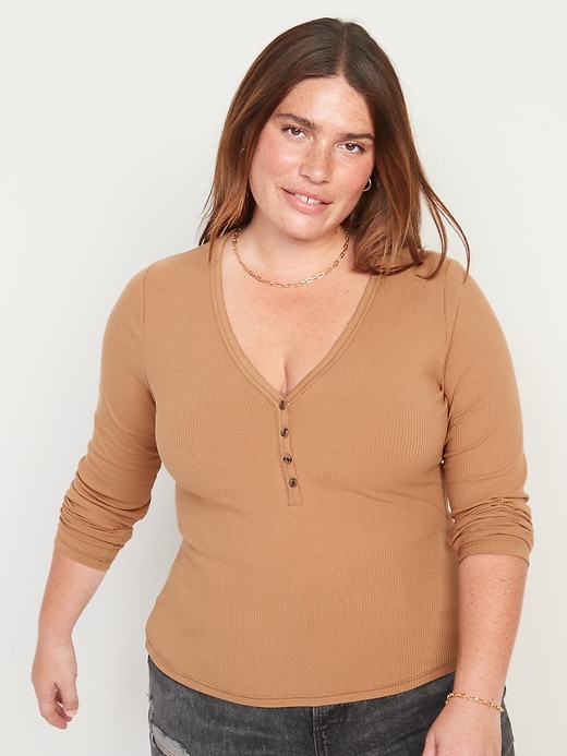 Image number 7 showing, Fitted Long-Sleeve Rib-Knit Henley Top
