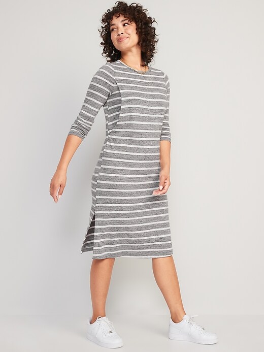 View large product image 1 of 1. Maternity Long-Sleeve Striped Jersey-Knit Nursing Midi Dress