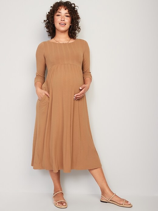 View large product image 1 of 1. Maternity Fit & Flare Long-Sleeve Rib-Knit Midi Dress