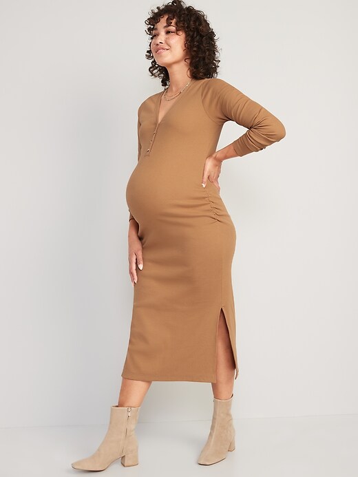 View large product image 1 of 1. Maternity Long-Sleeve Rib-Knit Henley Midi Dress